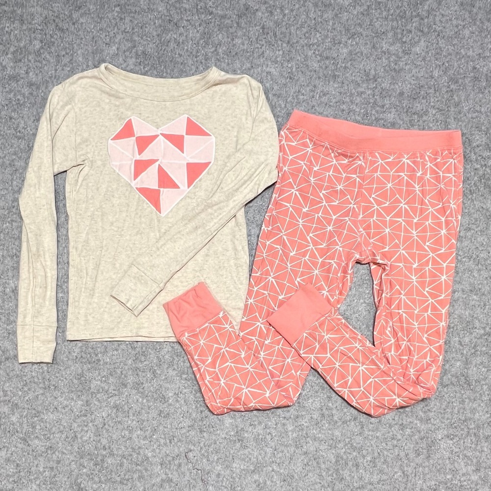 Cat & Jack Kids Pink Geometric Heart Cotton Pajama Set Size 10 Oatmeal Coral